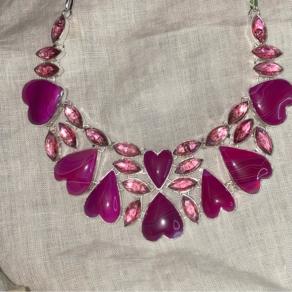 Sweet heart Botswana Agate + Pink Topaz exotic gemstone double tiered necklace - Picture 5 of 13